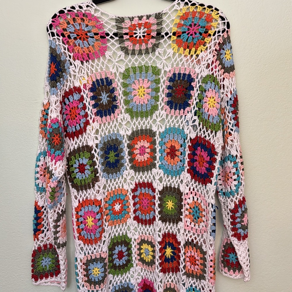 BIBI Handmade Granny Square Crochet Cardigan swim suit coverup long cardigan L - Picture 9 of 12